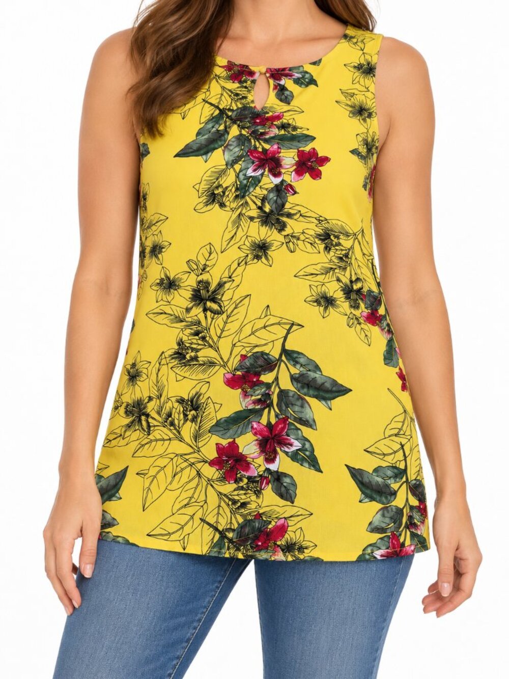 Amaryllis Yellow Floral Sleeveless Tunic Top Size M